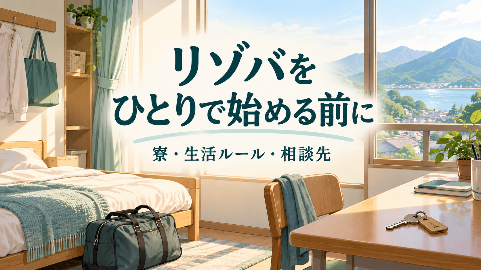 寮の机に置いた鍵と旅かばん、窓の外の山並み。ひとり参加前に寮・生活ルール・相談先を確認する案内