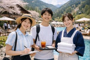 春休みの観光地で、リゾートバイトとして働く学生スタッフたちの仕事風景