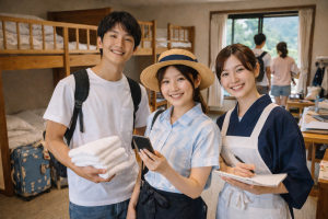リゾートバイトの住み込み寮で、共同生活を送る学生スタッフの様子