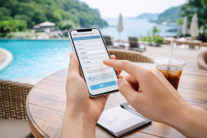 リゾート地で、スマホから応募フォームを入力している様子