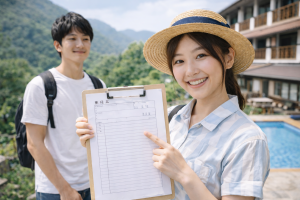 リゾート地で履歴書の書き方を確認しながら、リゾートバイト応募の準備をする女性