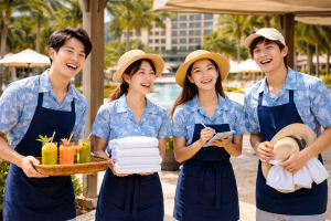 春休みの観光地で、同世代の大学生がリゾートバイトとして働いている仕事風景