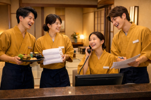 リゾートバイト先の寮や職場で、春休みに住み込みで働く大学生たちの生活イメージ