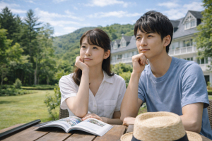 夏の爽やかな光が差し込む軽井沢の高原テラスで、20代の日本人大学生男女がリゾートバイトについて考えながら資料を広げて話し合っている様子。