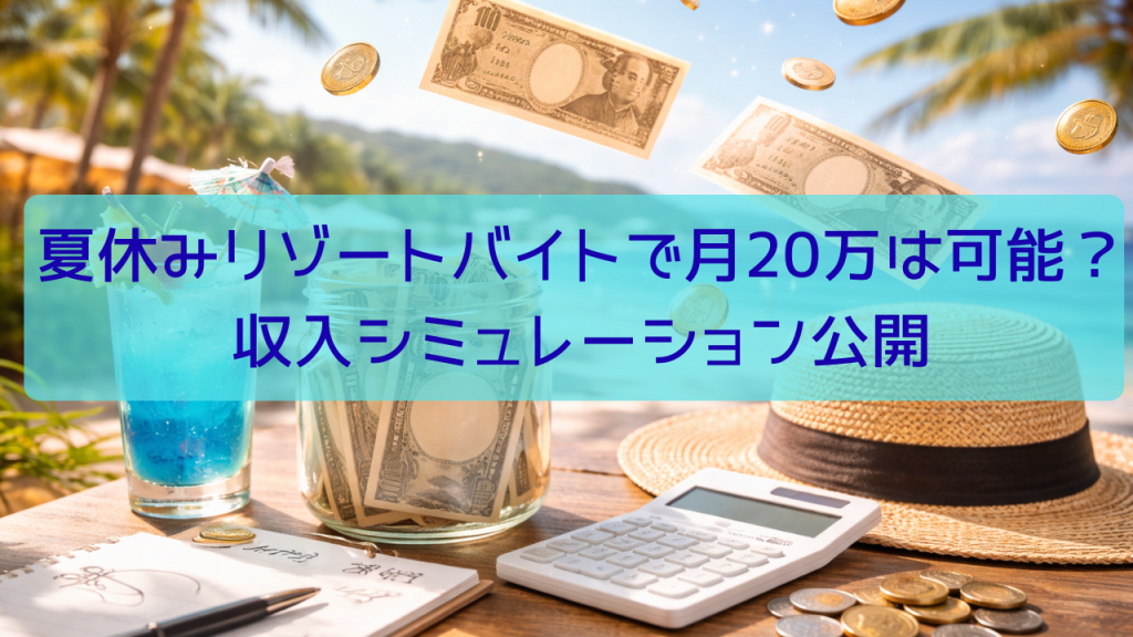 夏休みのリゾートバイト収入シミュレーションをイメージした海辺とお金のイメージ写真