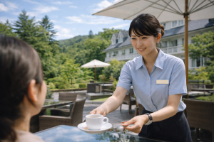 軽井沢の緑豊かな高原リゾートのテラスで、夏のやわらかな日差しの中、20代の日本人女性スタッフが落ち着いた笑顔でコーヒーを提供している接客シーン。
