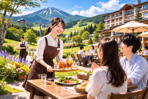 北海道の夏のリゾート地で、山と青空を背景にテラス席で接客するリゾートバイトスタッフ。観光客にドリンクを提供する明るく活気ある様子。