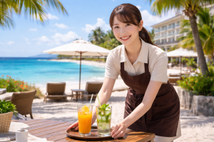 沖縄の青い海とビーチ沿いホテルを背景に、屋外レストランでドリンクを提供する笑顔の若い女性リゾートバイトスタッフ。夏らしい強い日差しと南国の開放感が伝わる一枚。