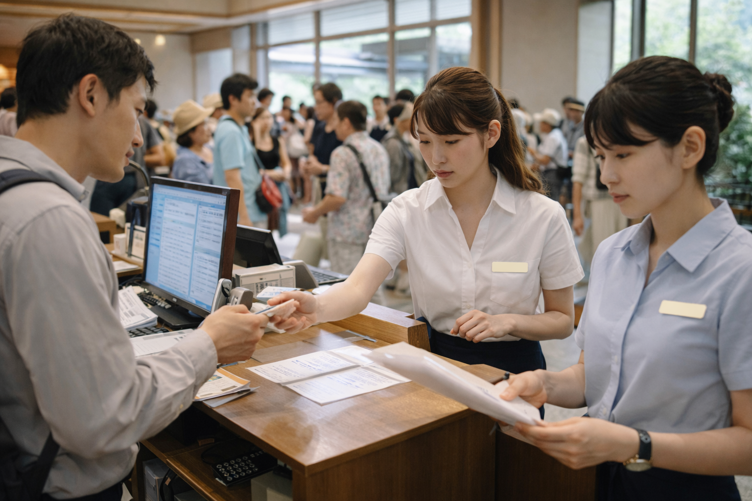 箱根の大型ホテルのロビーで、夏の繁忙期にチェックイン対応に追われる20代日本人スタッフが観光客とやり取りしている様子。活気のある中で真剣に業務にあたるリアルなシーン。