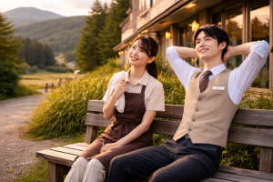 ２．北海道のリゾートホテル前のベンチで、仕事終わりに夕焼けを眺めながら休憩する若い男女スタッフ。少し疲れつつも達成感のある穏やかな表情が印象的な一枚。