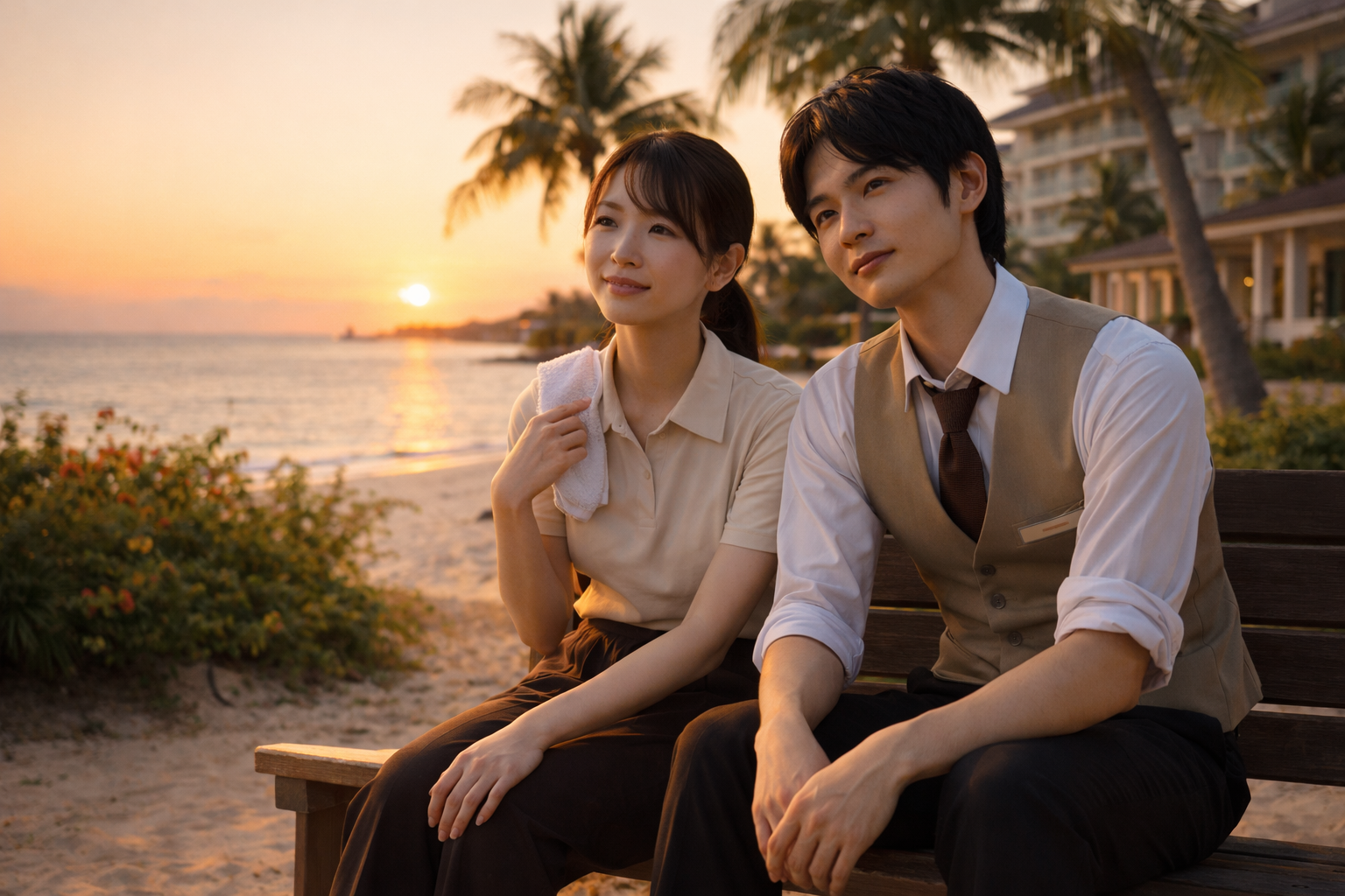沖縄の夕暮れのビーチで、仕事終わりにベンチに座り海を眺める若い男女のリゾートバイトスタッフ。少し疲れつつも達成感のある穏やかな表情と、南国の夕日が印象的な一枚。