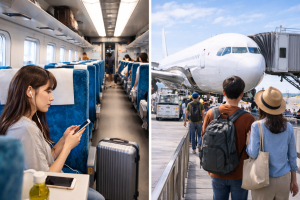 リゾートバイトの交通費で利用する新幹線と飛行機の移動イメージ