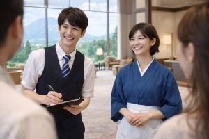 北海道のリゾートホテルで接客するリゾートバイトスタッフのイメージ