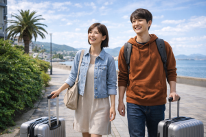 リゾートバイトに向かうためスーツケースを持って移動する男女のイメージ