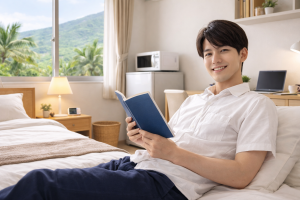 リゾートバイトの個室寮でくつろぐ男性スタッフのイメージ