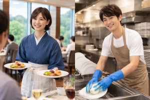 北海道リゾートバイトのレストランホールと洗い場スタッフの仕事イメージ