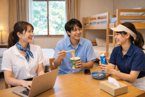 リゾートバイトの寮で食事をしながら談笑するスタッフの様子