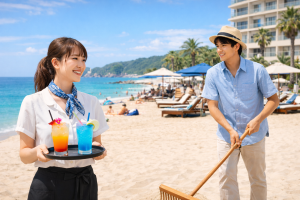 海辺のリゾートでドリンクを運ぶ女性スタッフとビーチを整備する男性リゾートバイトスタッフ