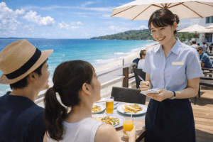 伊豆の青い海を望む海沿いテラスで、強い夏の日差しの中、20代日本人女性スタッフが観光客の注文を取っている様子。