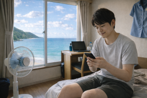 海が見える伊豆の寮部屋で、夕方前の自然光の中、私服姿の20代日本人男性スタッフがベッドに座りスマホを見ながらくつろいでいる様子。