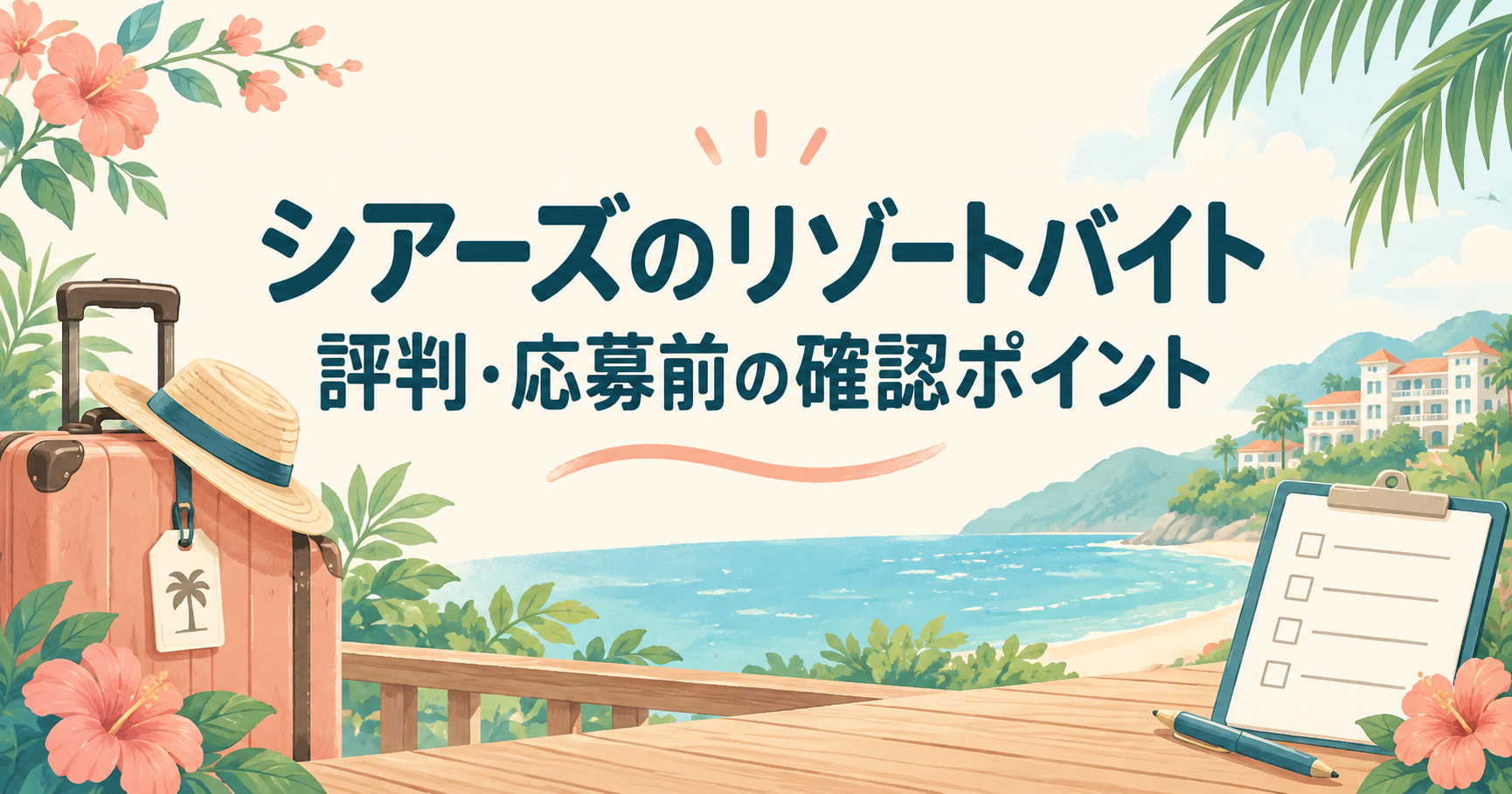 シアーズのリゾートバイトの評判と応募前の確認ポイントを案内するイメージイラスト